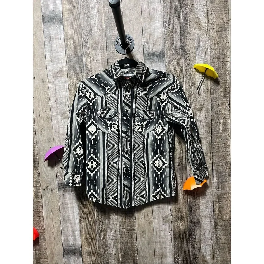 Rock & Roll Denim Black and White Southwestern Print Pearl Snap Western Shirt Bo - Picture 1 of 4